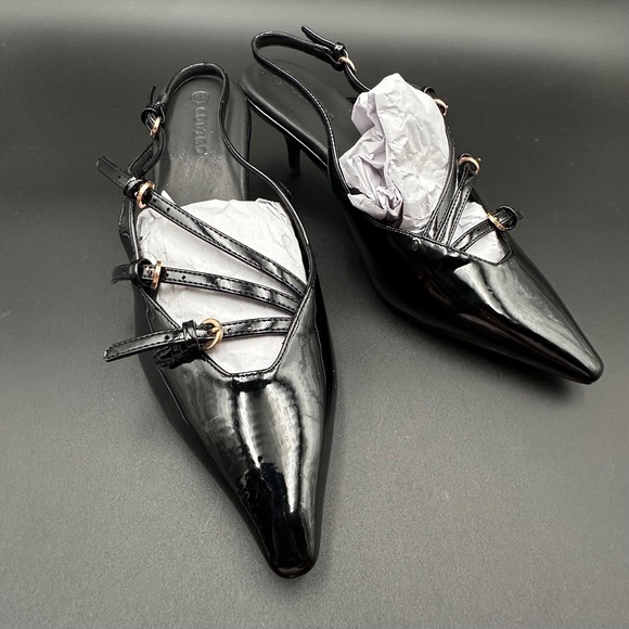 Coutgo Shoes - Coutgo Women's Black Patent Slingback Pointed‎ Toe Kitten Heel Shoes